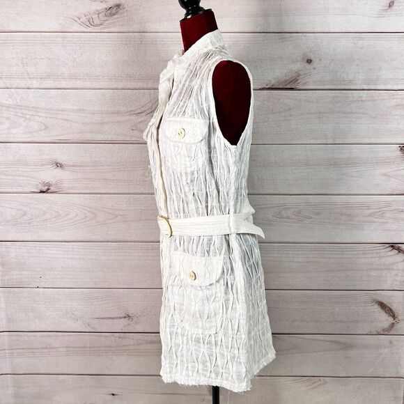 100% Capri Mini Dress Sleeveless Belted Raw Hem Linen - Picture 4 of 11